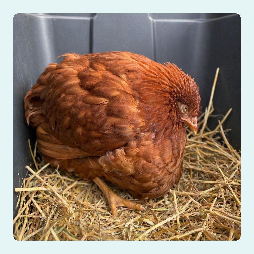 Brown chicken on a bed of straw in a dark container with coccidiosis