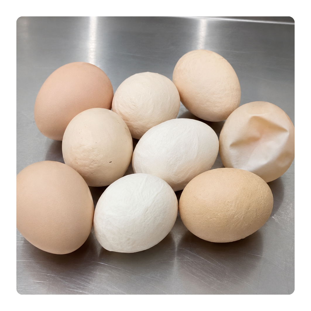 Assorted eggs on a metallic surface