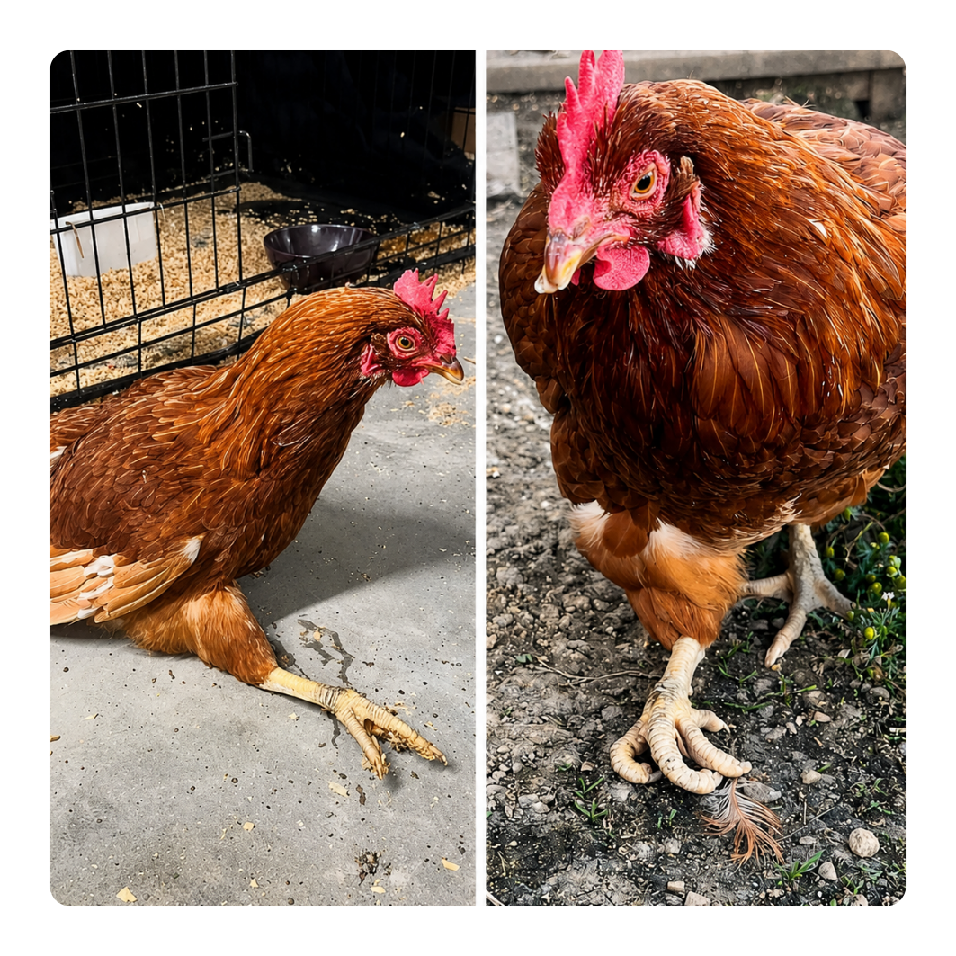 Two images of a brown chicken with a red comb on a concrete floor and a gravel path.