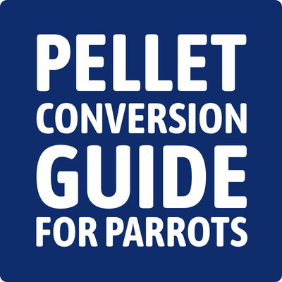 Text 'Pellet Conversion Guide for Parrots' on a blue background