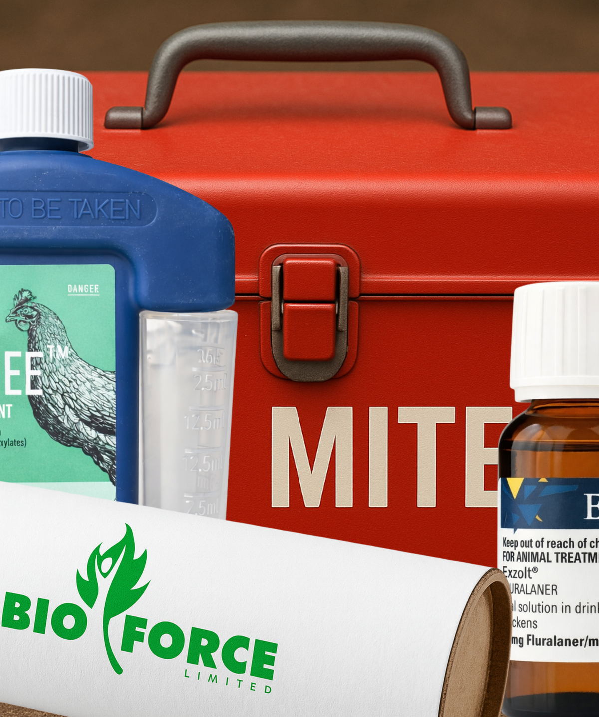 A close-up product shot of a red hard case with a handle and latch, surrounded by Bio Force Limited treatment bottles and a white branded tube. Visible items include a blue bottle, an amber bottle, and a white tube with green Bio Force branding.