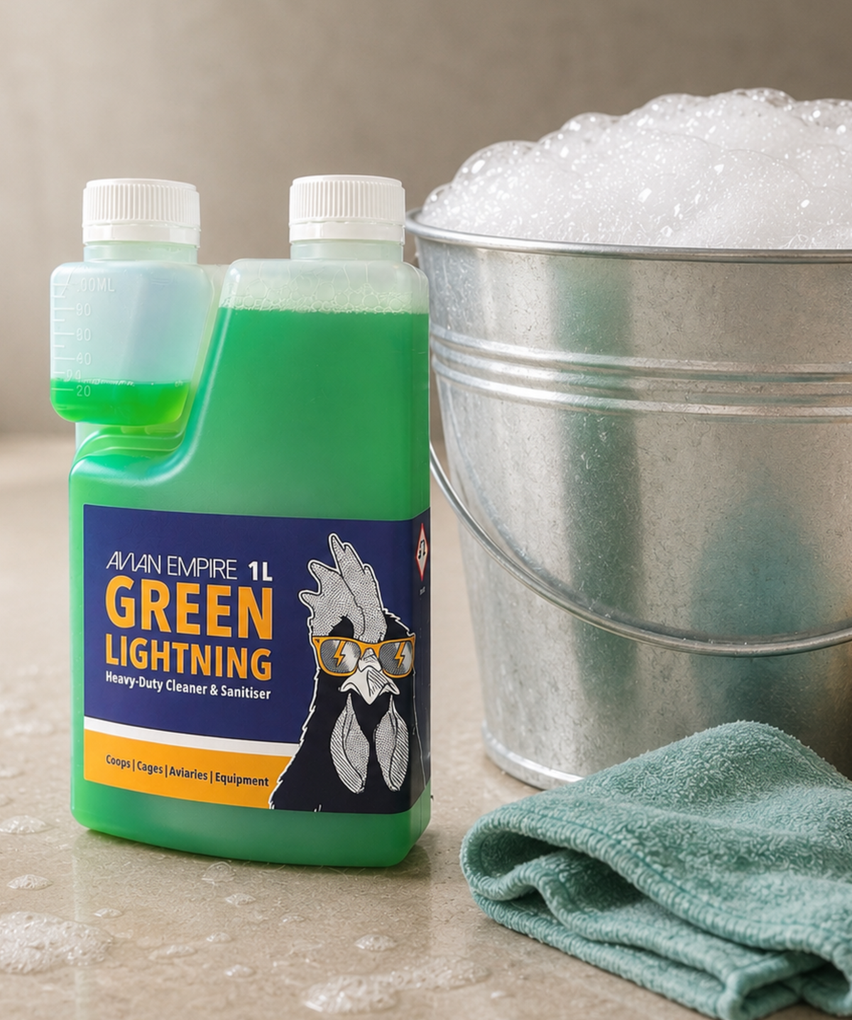 A bottle of Avon Empire Green Lightning Heavy Duty Cleaned & Sanitiser cleaning liquid stands next to a galvanized metal bucket filled with soapy foam and a folded teal cloth on a light stone surface.