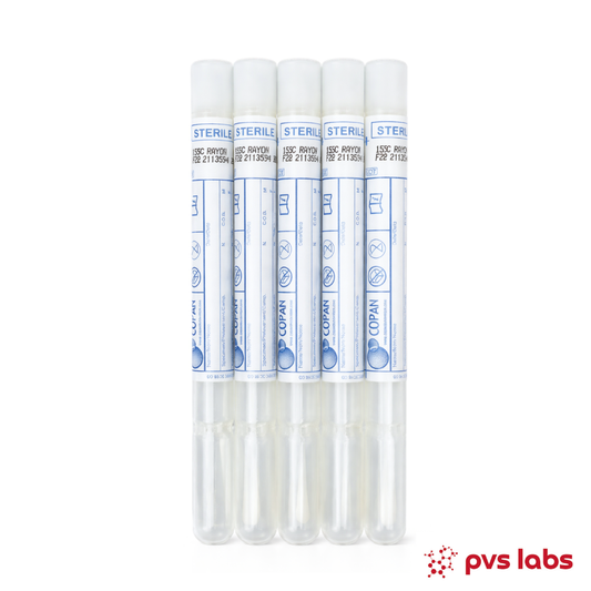 Set of Copan sterile tubes with PVS Labs logo on a white background