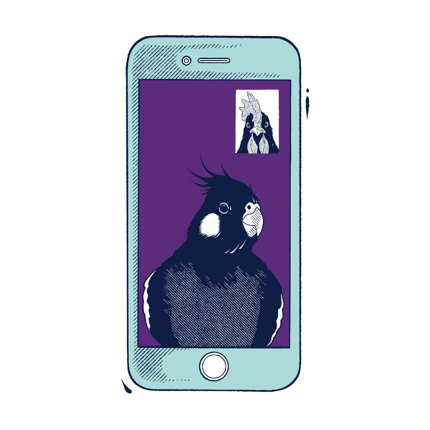 Bird illustration on a mobile phone graphic for Avian Empire TeleFree avian consultation service
