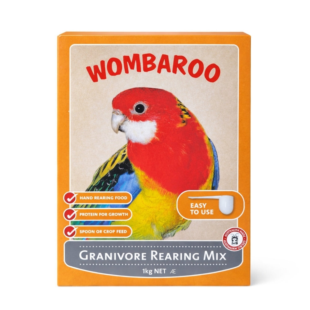 Wombaroo Granivore Rearing Mix packaging with a colorful parrot illustration on an orange background.